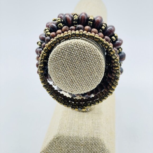 Beaded Memory Wire Bracelet Gold Tone Wood Ethnic Native Tribal SW Boho - Picture 5 of 6
